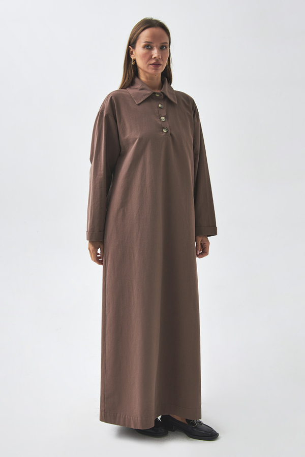 Dropped Shoulder Buttoned Dress Brown - 4