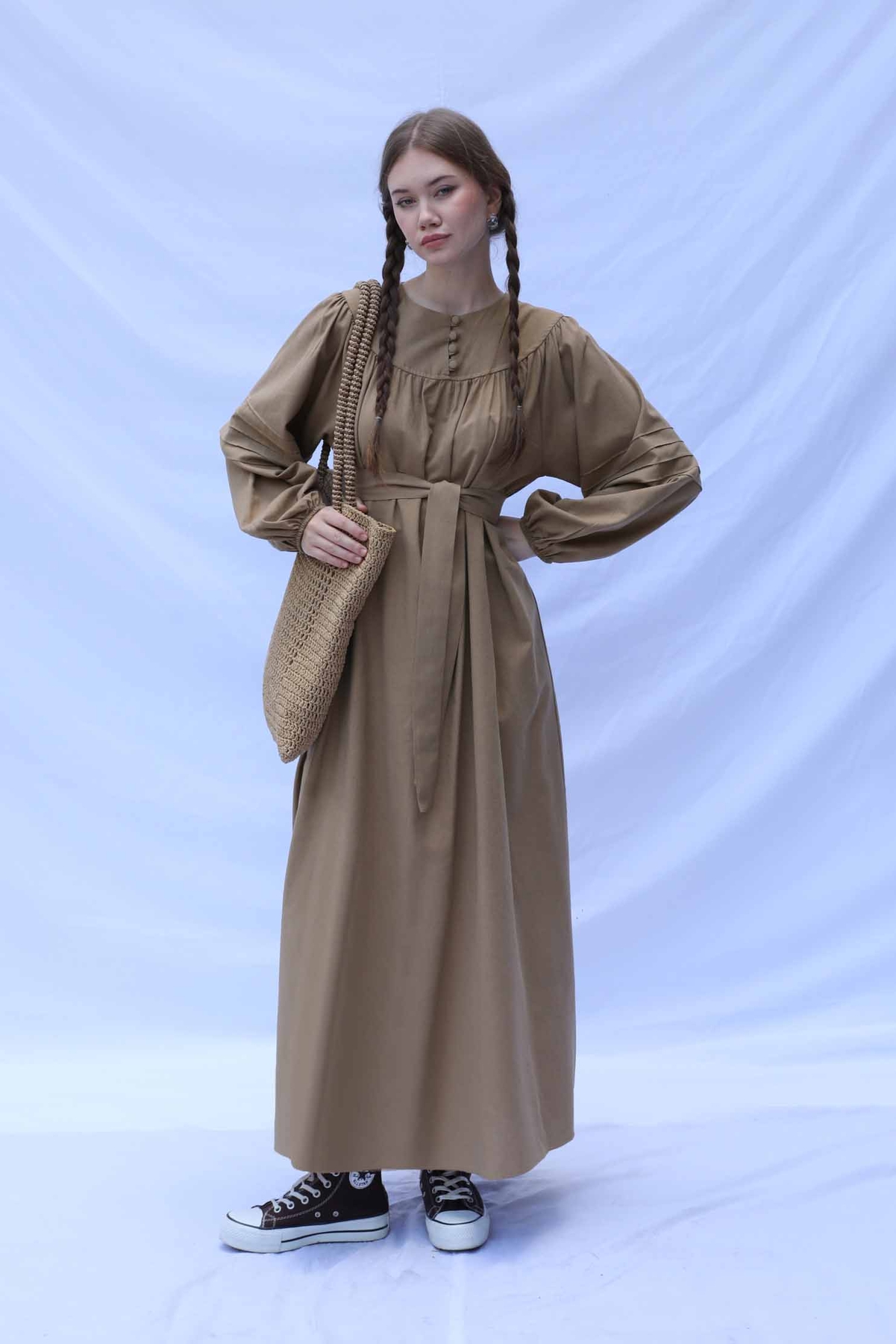 Düğmeli Keten Elbise Camel