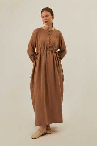 Düğmeli Müslin Elbise Açık Taba - 2