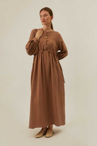 Düğmeli Müslin Elbise Açık Taba - 1