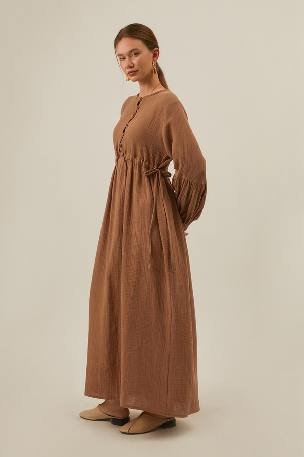 Düğmeli Müslin Elbise Açık Taba - 4