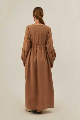 Düğmeli Müslin Elbise Açık Taba - 10