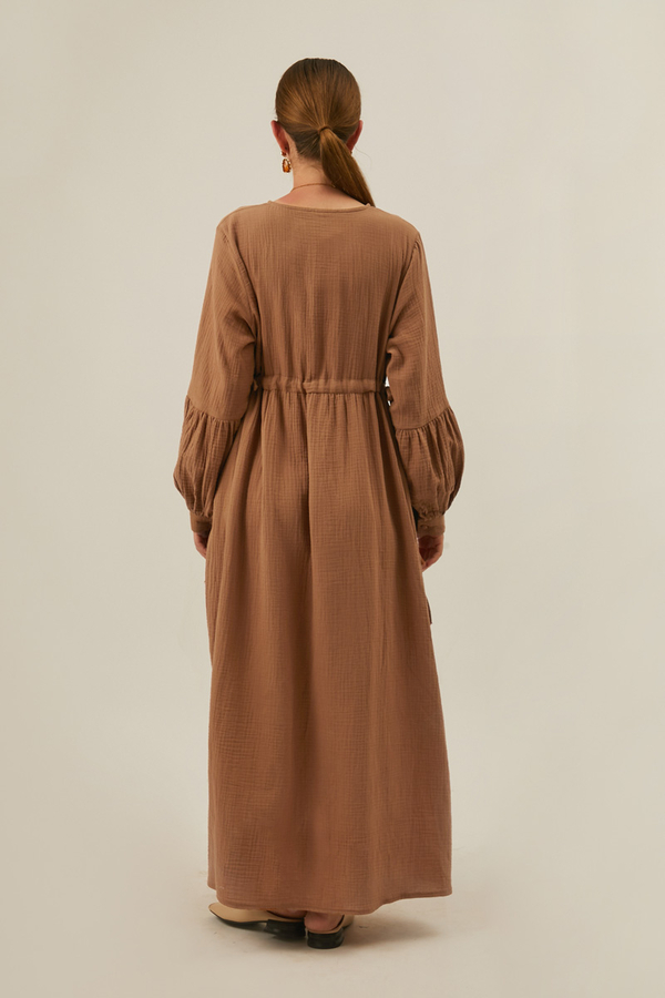 Düğmeli Müslin Elbise Açık Taba - 10