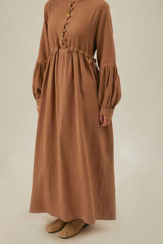 Düğmeli Müslin Elbise Açık Taba - 5