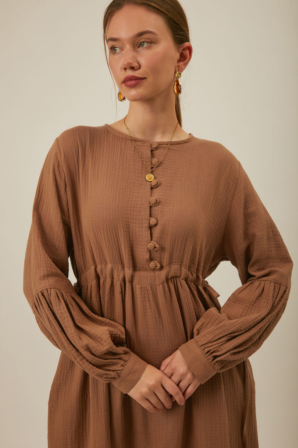 Düğmeli Müslin Elbise Açık Taba - 8