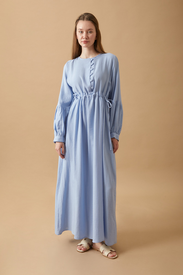 Düğmeli Müslin Elbise Bebe Mavisi - 3