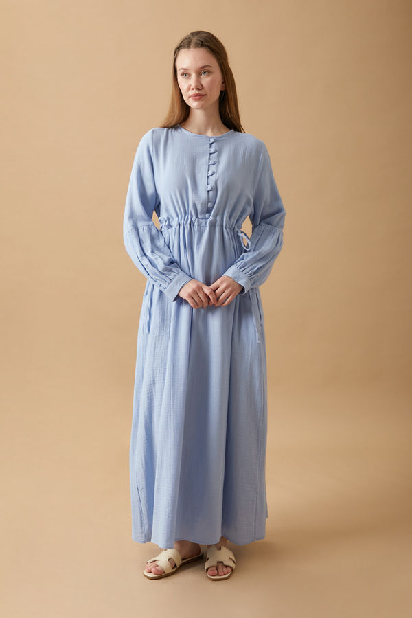 Düğmeli Müslin Elbise Bebe Mavisi - 4