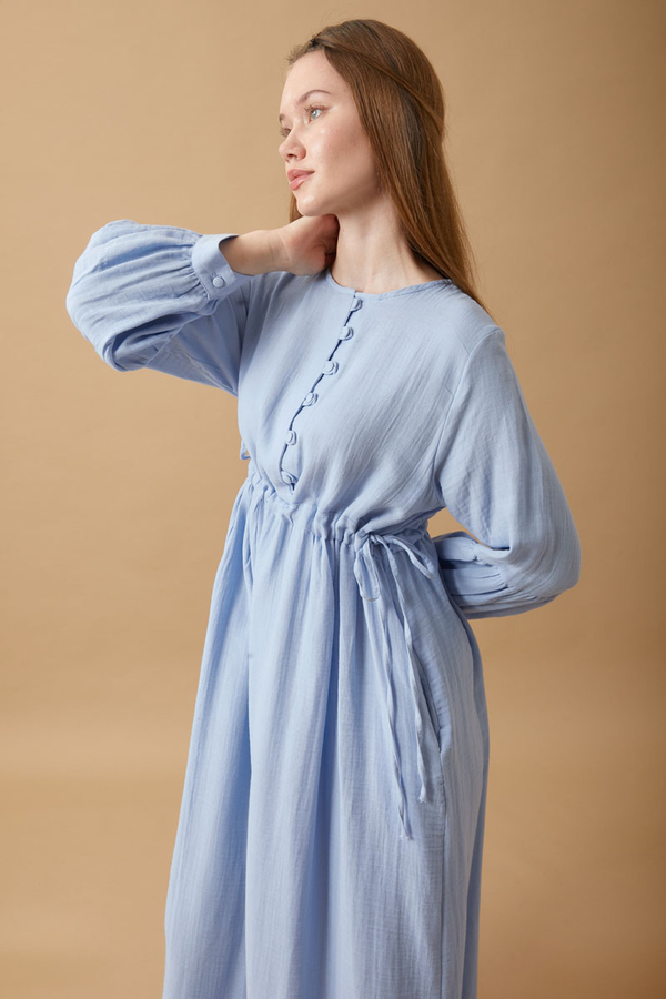 Düğmeli Müslin Elbise Bebe Mavisi - 9