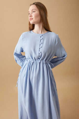 Düğmeli Müslin Elbise Bebe Mavisi - 2