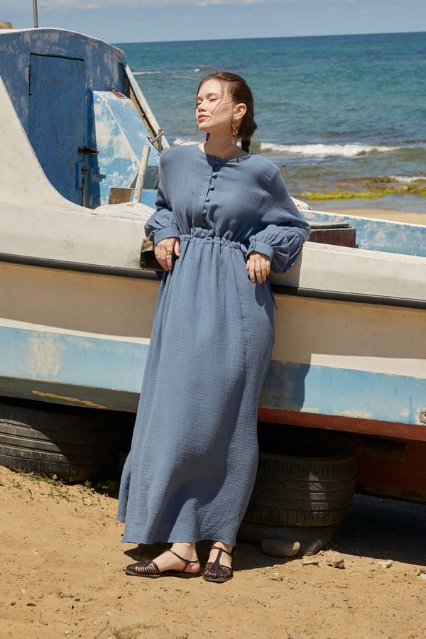 Düğmeli Müslin Elbise İndigo - 4