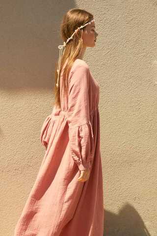 Düğmeli Müslin Elbise Pembe - 4