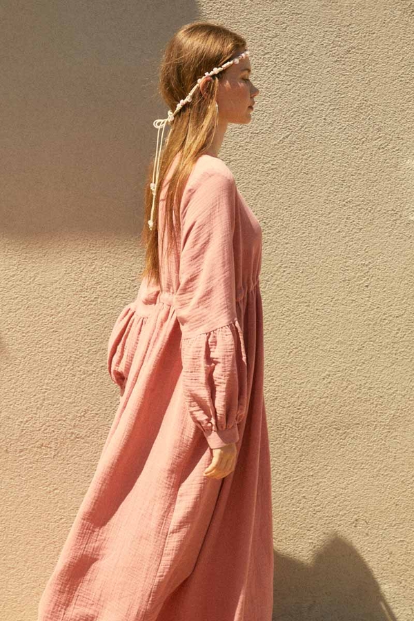 Düğmeli Müslin Elbise Pembe - 4