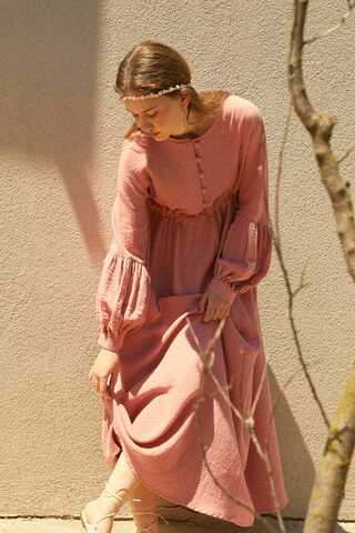 Düğmeli Müslin Elbise Pembe - 3