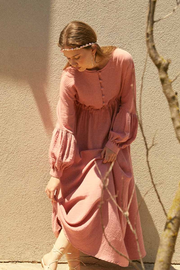 Düğmeli Müslin Elbise Pembe - 3