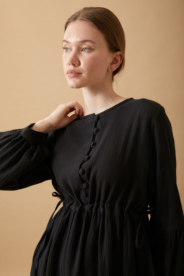 Düğmeli Müslin Elbise Siyah - 8