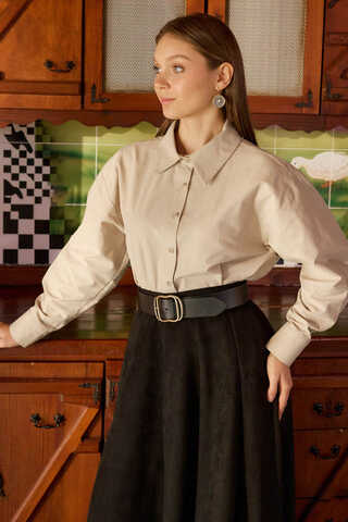 Düşük Kol Düğmeli Gömlek Taş