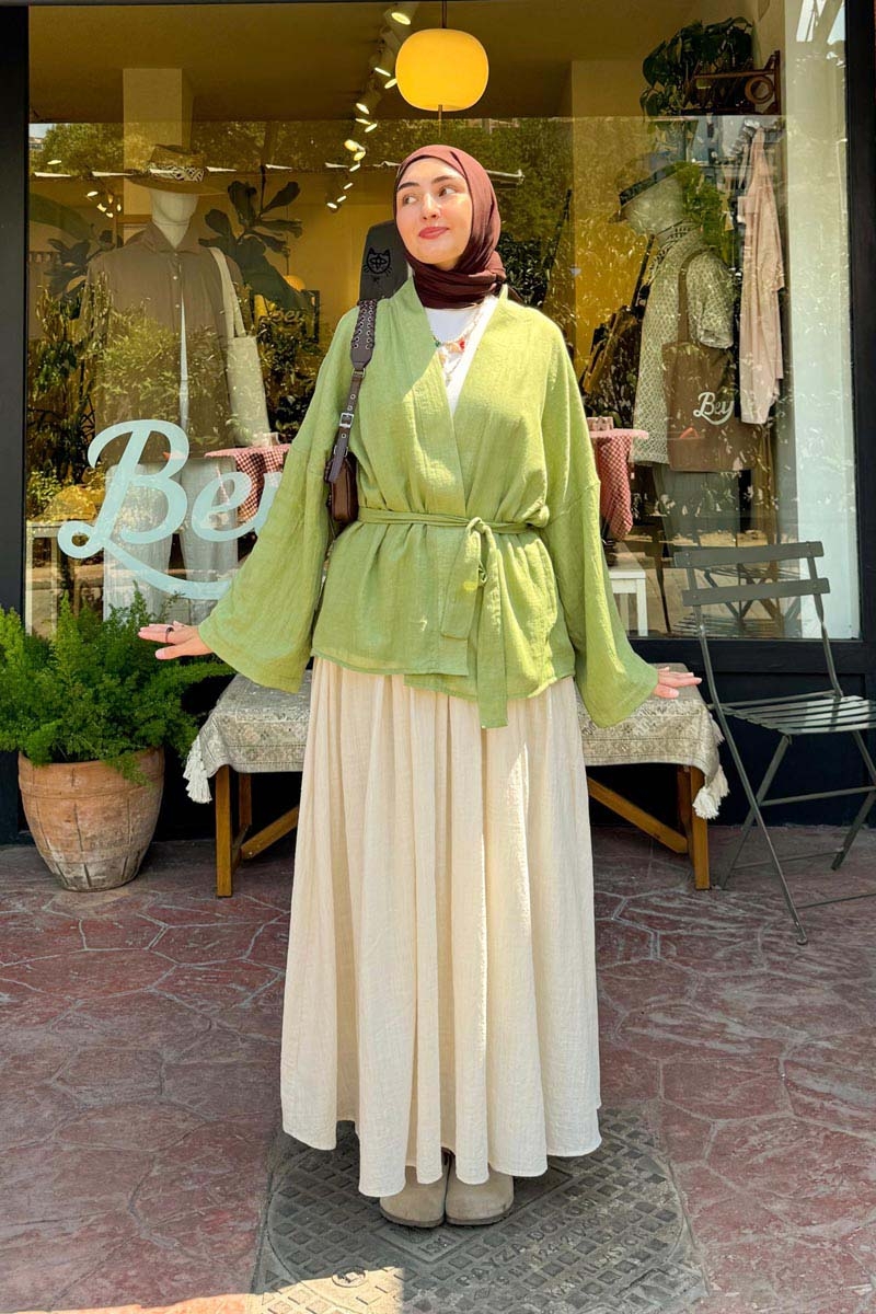 Düşük Kol Kimono Soft Yeşil