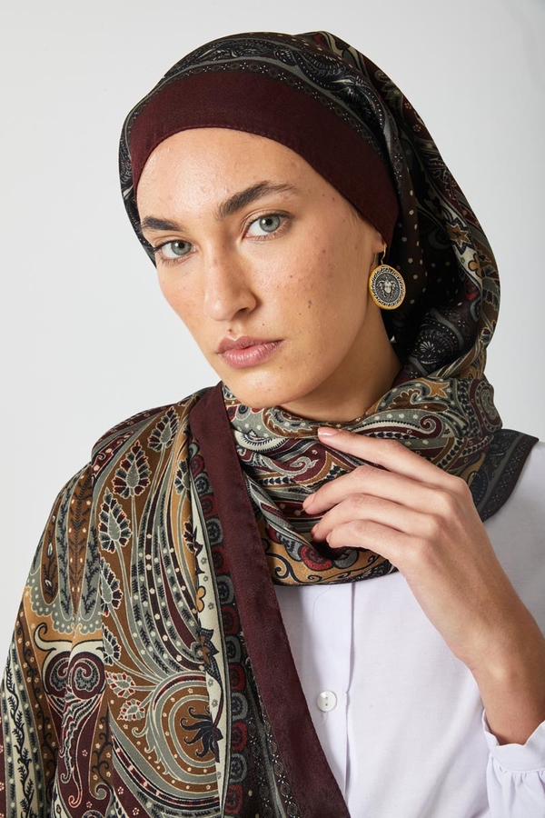 Ebru Desenli Natural Şal - Bordo main image 1