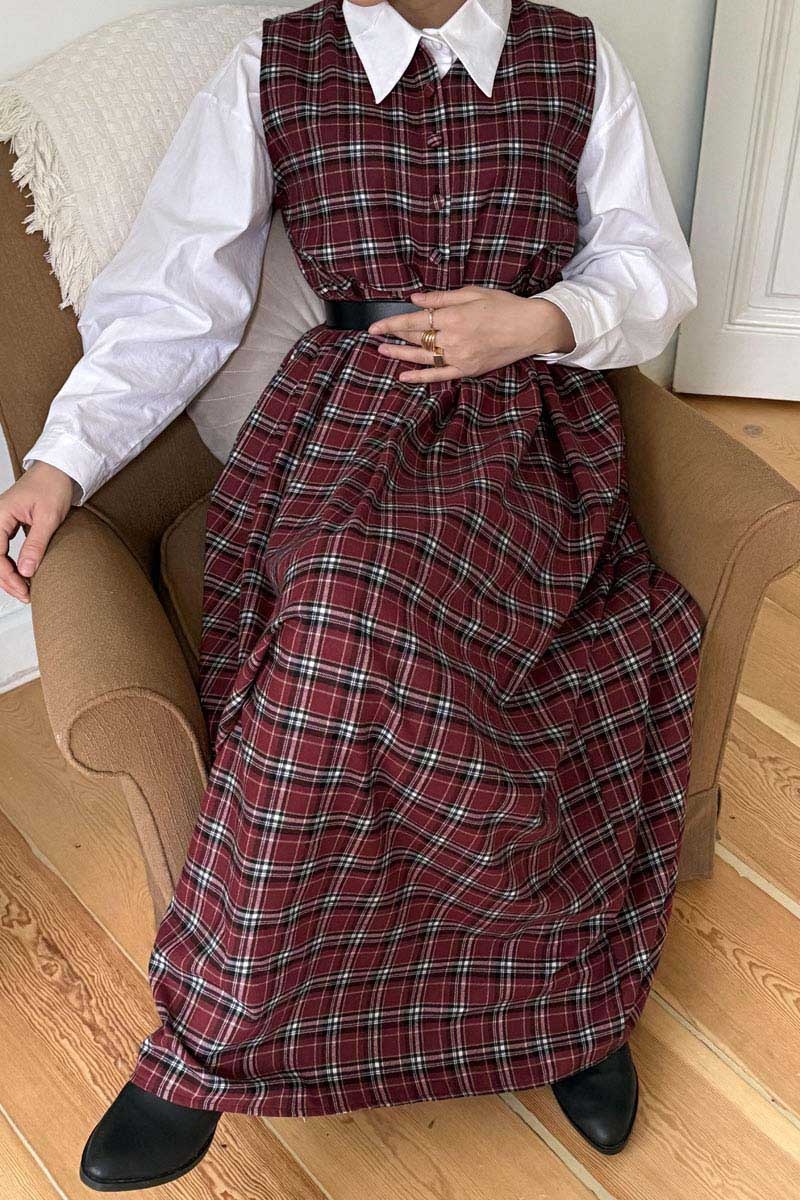 Ekose Desenli Jile Koyu Kırmızı