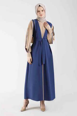 Kolları Biyeli Abaya Takım Saks Mavisi - 3