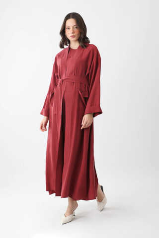 Elbisesi Düğmeli Abaya Takım Bordo - 9