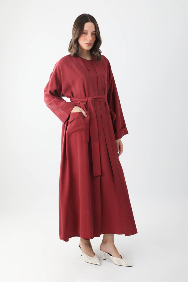 Elbisesi Düğmeli Abaya Takım Bordo - 10