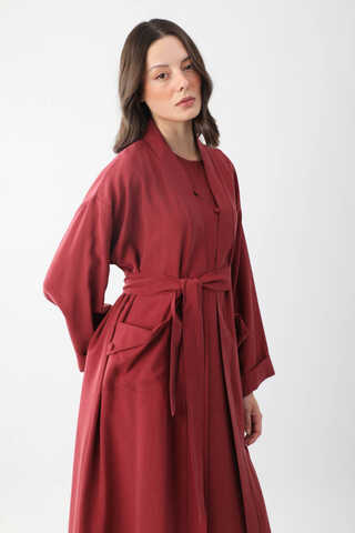 Elbisesi Düğmeli Abaya Takım Bordo - 4