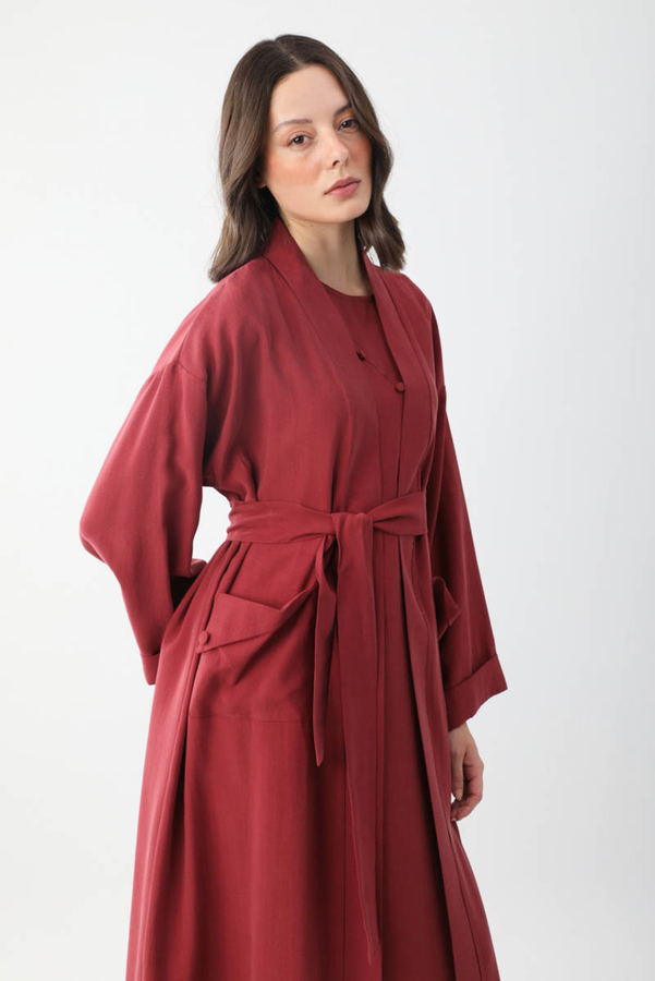Elbisesi Düğmeli Abaya Takım Bordo - 4