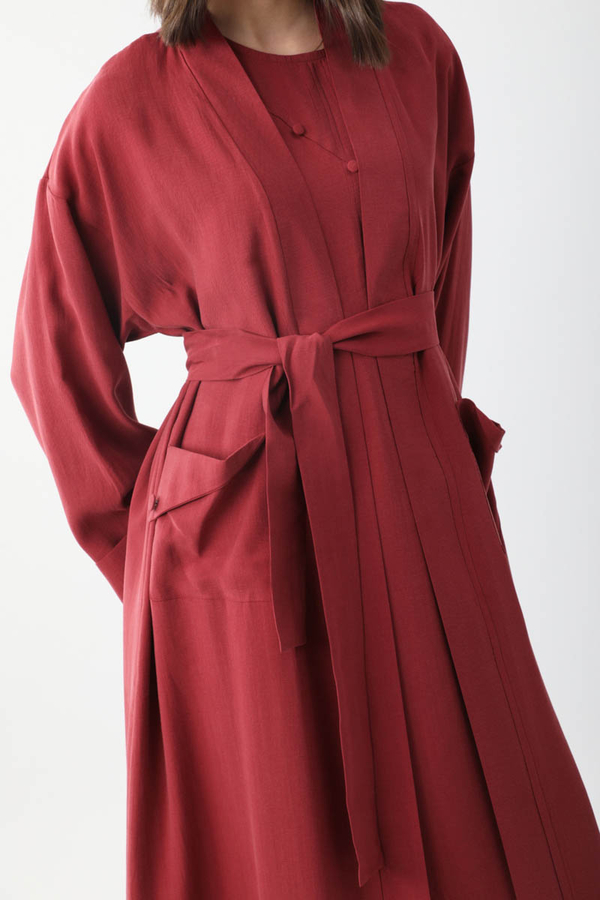 Elbisesi Düğmeli Abaya Takım Bordo - 6