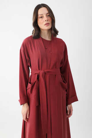Elbisesi Düğmeli Abaya Takım Bordo - 1