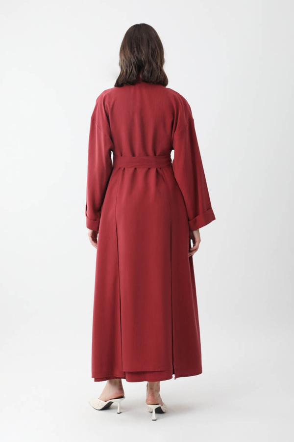 Elbisesi Düğmeli Abaya Takım Bordo - 11