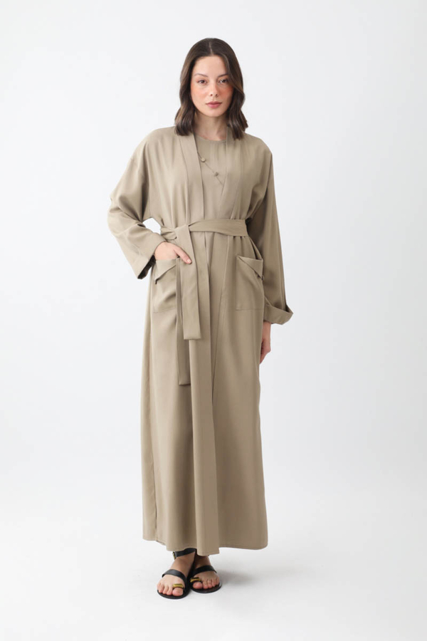 Elbisesi Düğmeli Abaya Takım Camel - 7