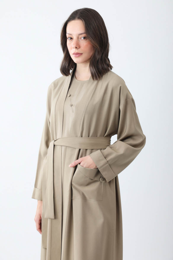 Elbisesi Düğmeli Abaya Takım Camel - 2