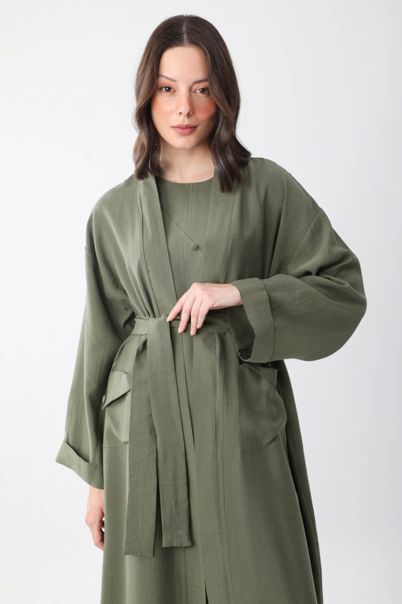 Elbisesi Düğmeli Abaya Takım Haki