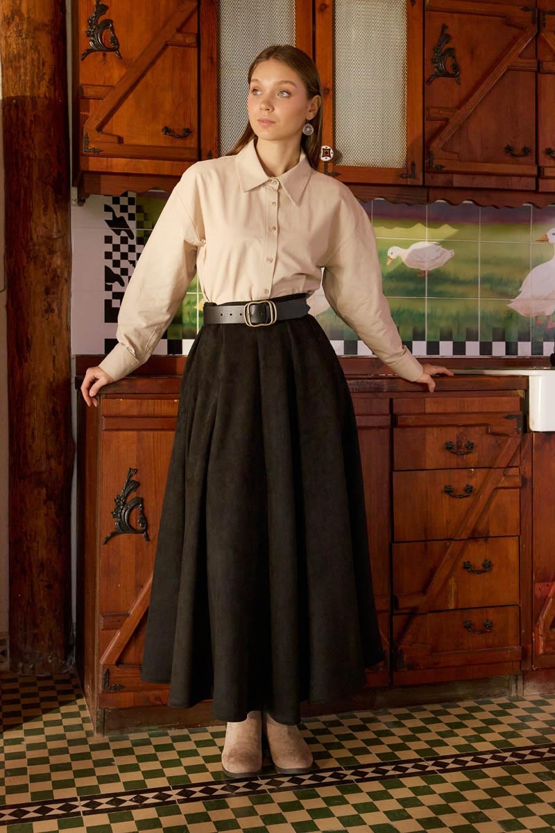 Flared Suede Skirt Black