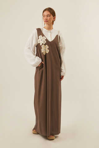 Floral Lace Detailed Sleeveless Dress Brown - 2