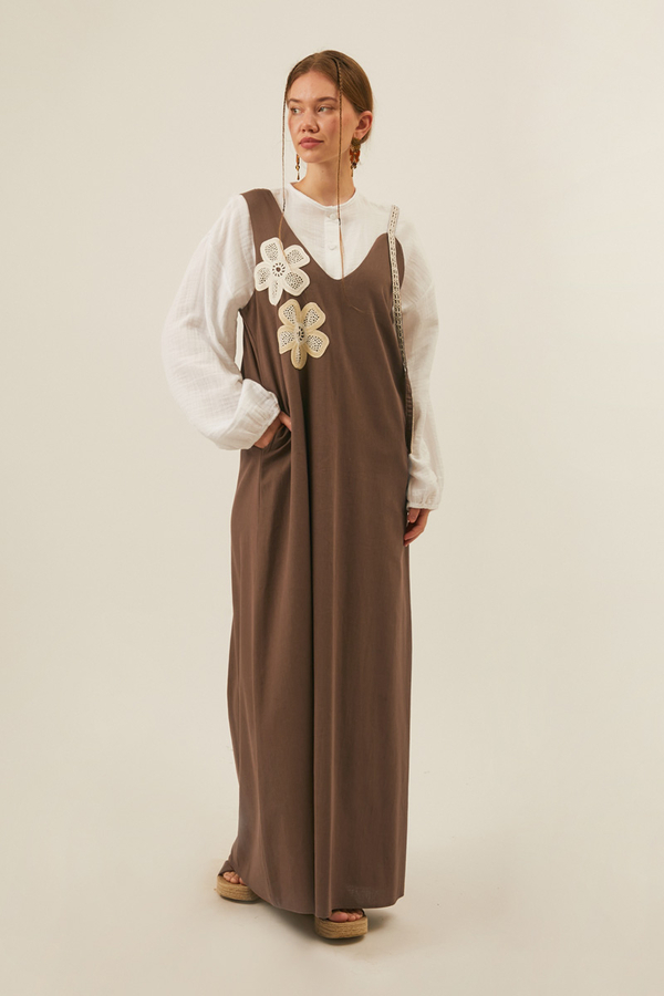 Floral Lace Detailed Sleeveless Dress Brown - 2