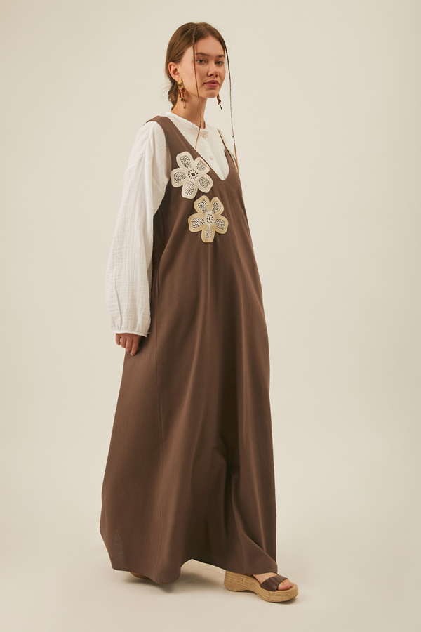 Floral Lace Detailed Sleeveless Dress Brown - 6