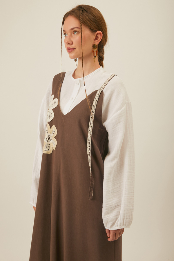 Floral Lace Detailed Sleeveless Dress Brown - 8