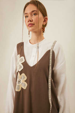 Floral Lace Detailed Sleeveless Dress Brown - 11