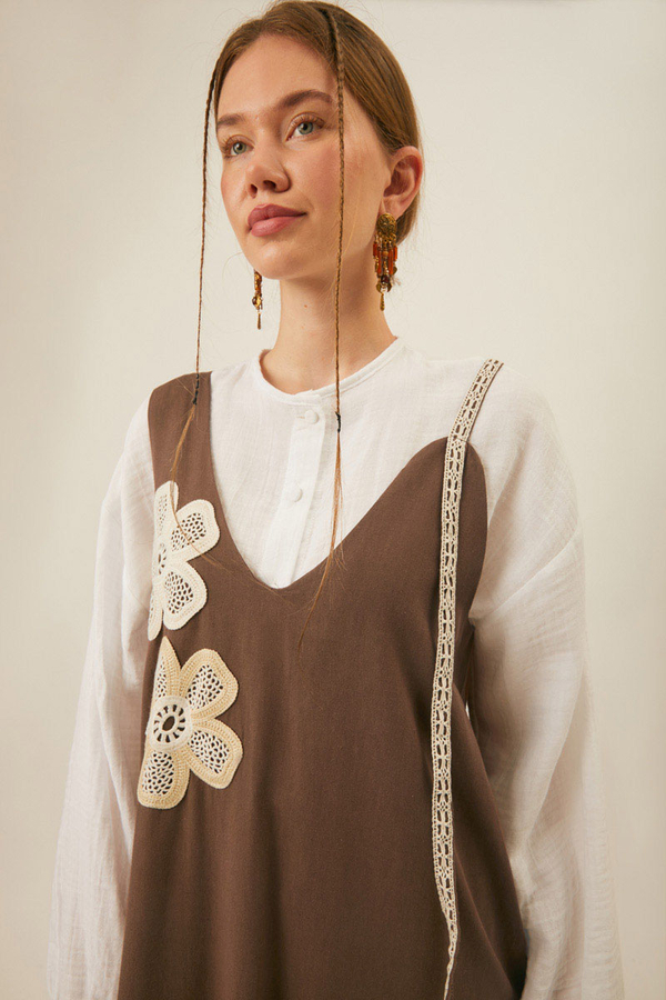 Floral Lace Detailed Sleeveless Dress Brown - 11