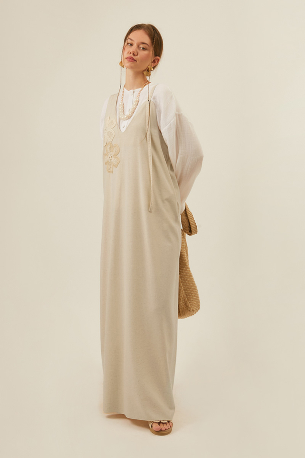 Floral Lace Detailed Sleeveless Dress Stone - 9