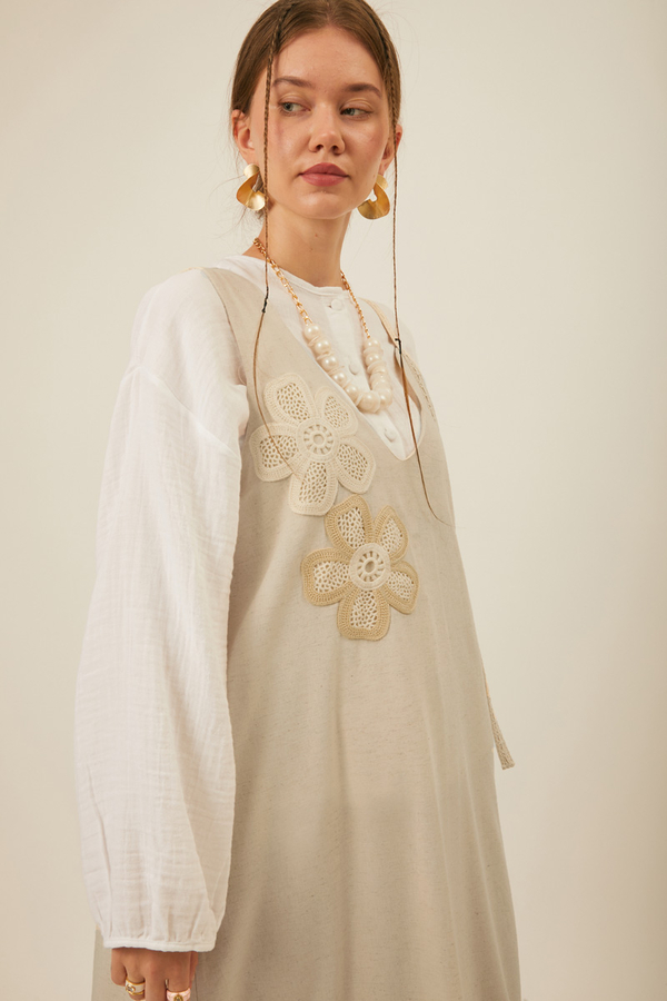 Floral Lace Detailed Sleeveless Dress Stone - 11