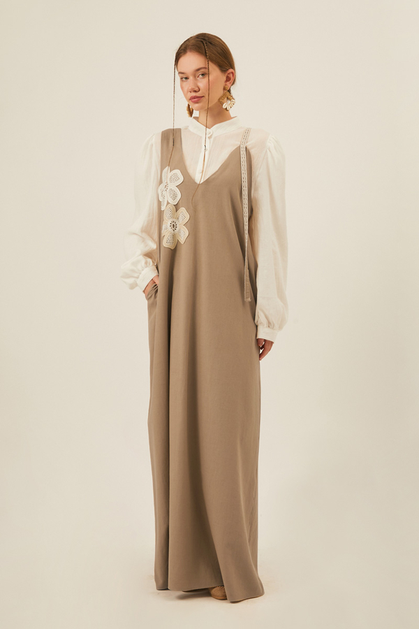 Floral Lace Detailed Sleeveless Dress Taupe