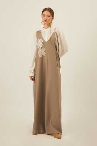 Floral Lace Detailed Sleeveless Dress Taupe - 10