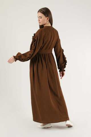 Frill Detailed Belted Dress Brown - 5