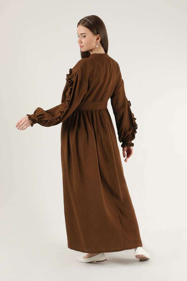 Frill Detailed Belted Dress Brown - 5