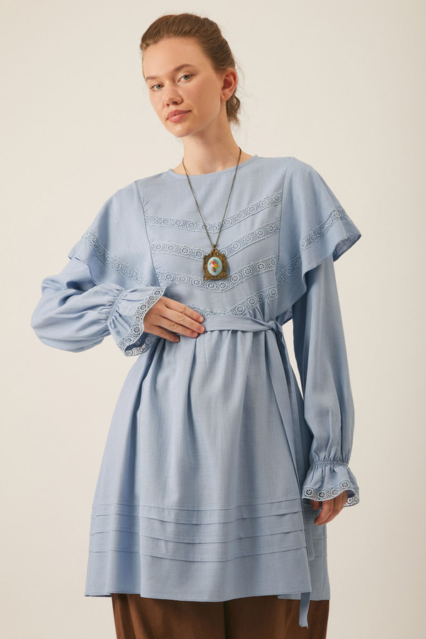 Frill Detailed Lace Tunic Baby Blue