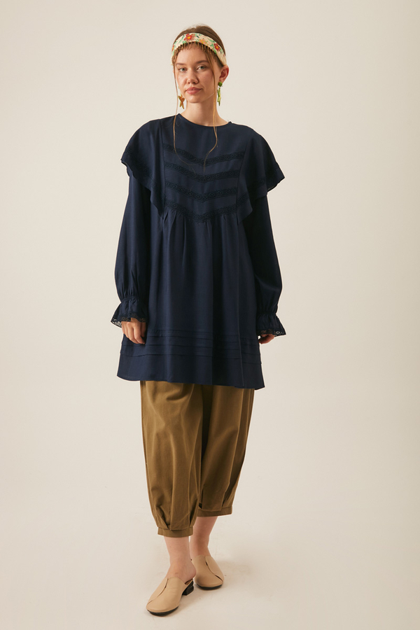 Frill Detailed Lace Tunic Navy Blue - 3