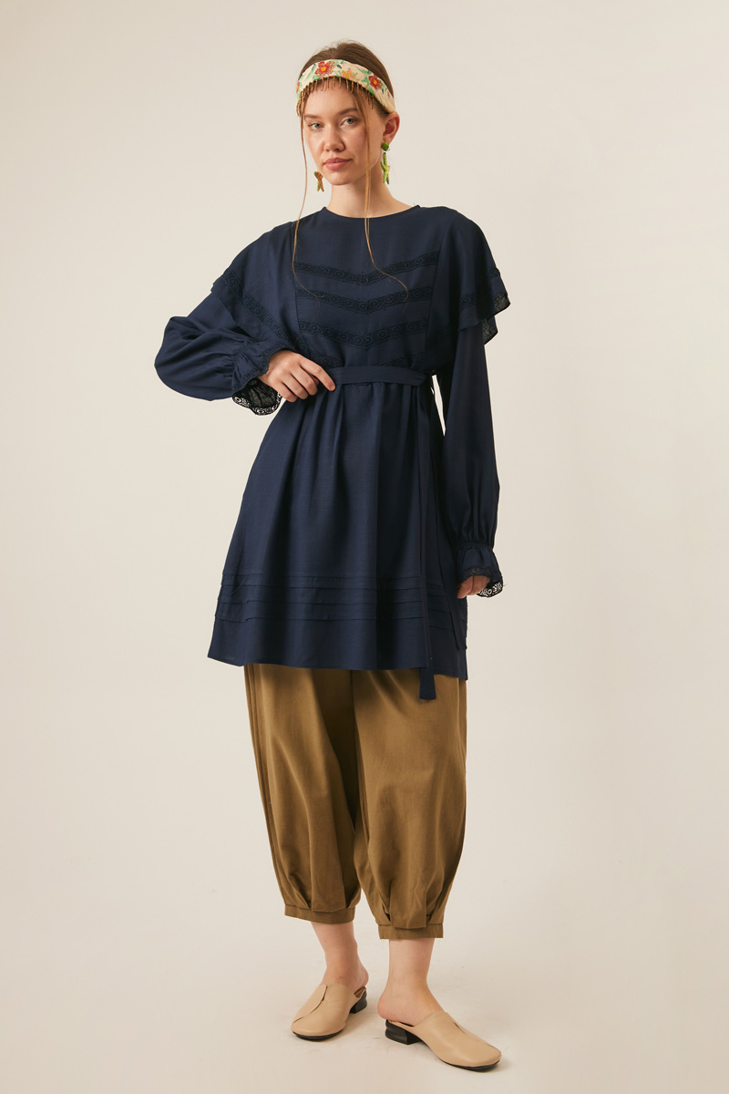 Frill Detailed Lace Tunic Navy Blue